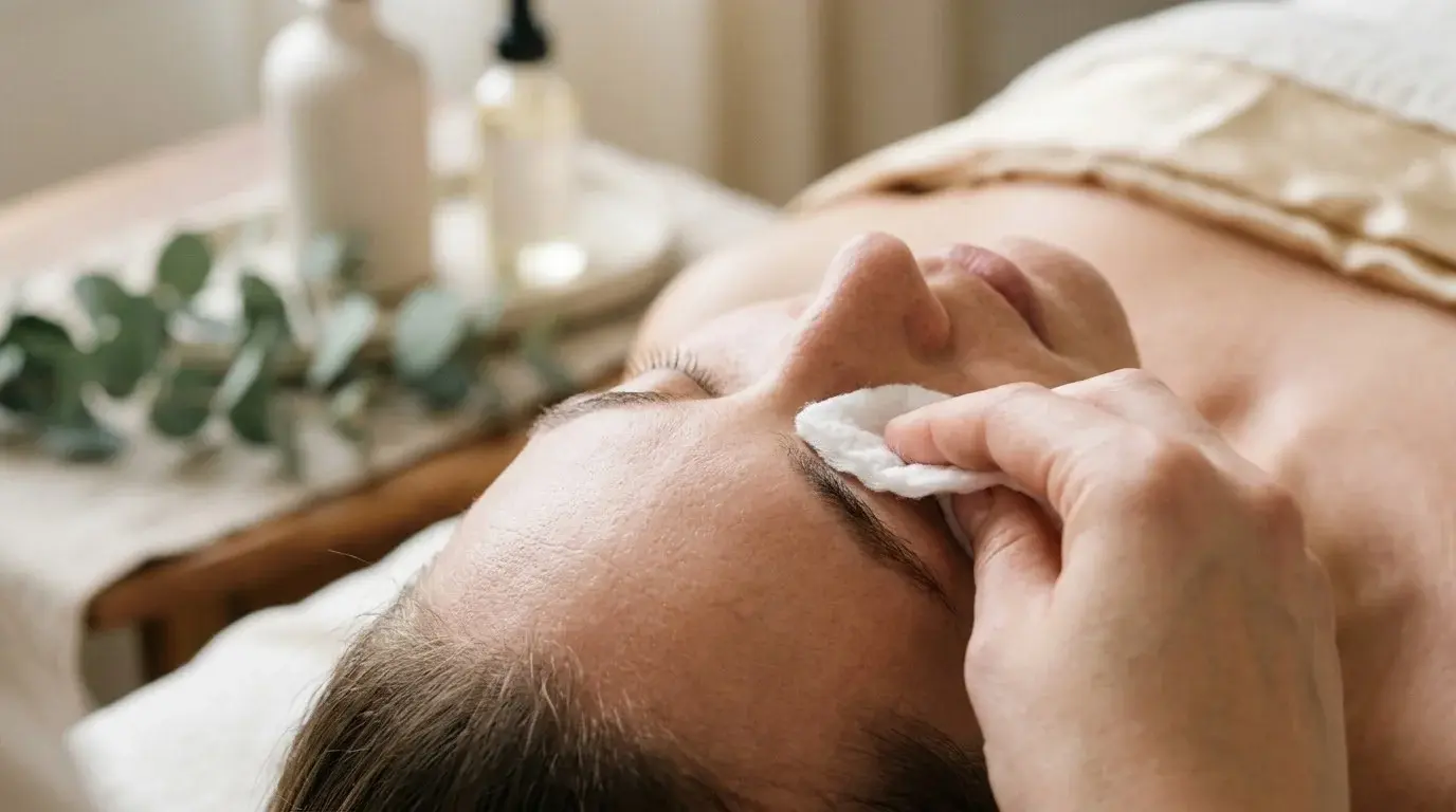 Skin gently cleansed around the brows before treatment