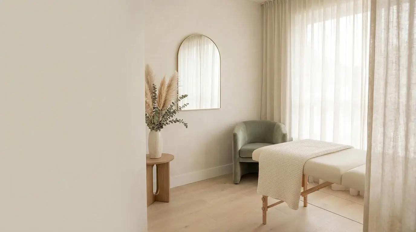 The calm, cream-and-sage treatment room at Clover Brow & Skin Studio in Cloverdale