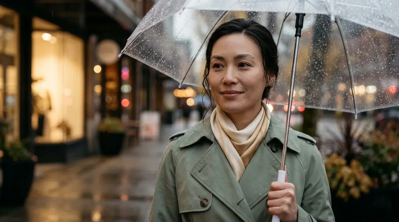 Woman under a clear umbrella on a rainy Metro Vancouver evening