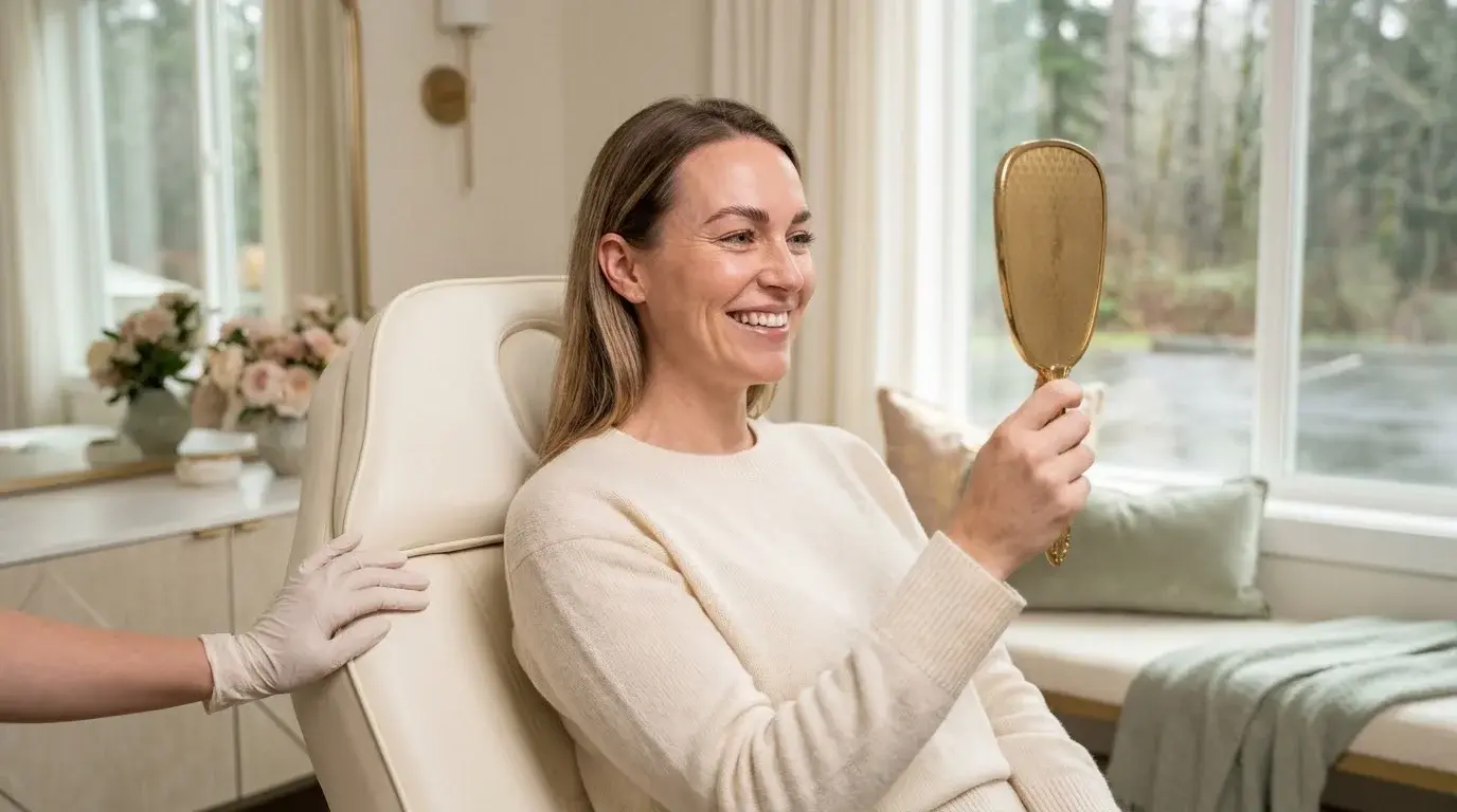 Client smiling at her new brows in a gold hand mirror